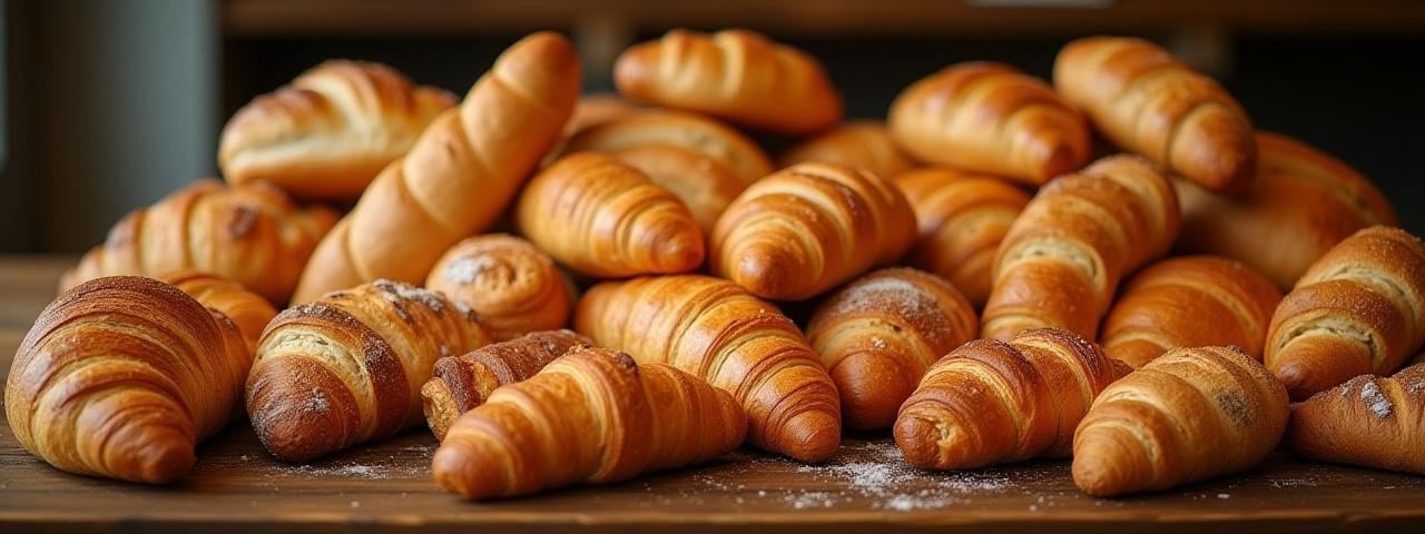 Un assortiment de pains artisanaux et de viennoiseries dorées sur une table en bois